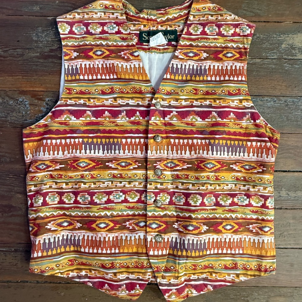 Vintage Scott Taylor Southwestern Aztec Tapestry Vest Boho Button Front~12💚🍄 - Picture 6 of 8